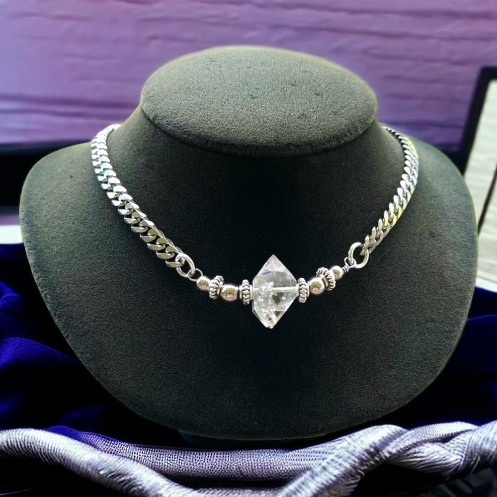 Genuine herkimer diamond crystal on stainless steel chain boho choker necklace